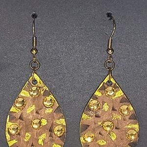 Earrings, Wood base Hand painted/ Swarovski crystal stones.Topaz and gold paint.